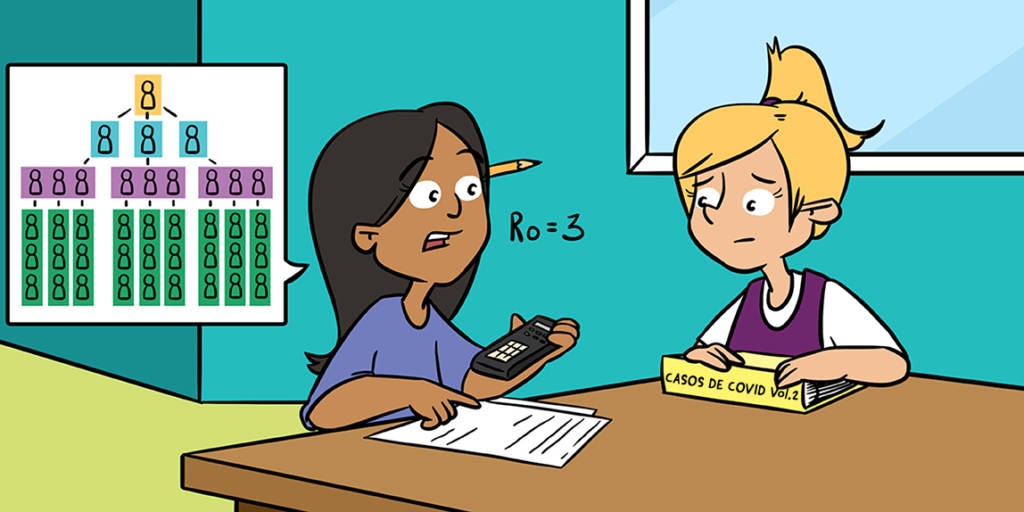 Duas meninas conversam e fazem cálculos sobre casos de COVID-19 enquanto utilizam uma calculadora e um livro de registros