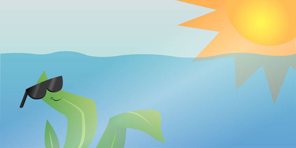 Ilustração de uma alga sorridente sob o oceano, utilizando óculos de sol e olhando para ele ano céu