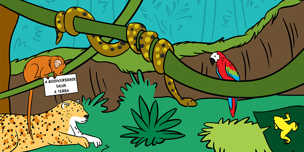 Ilustração de uma selva com animais e um sinal escrito biodiversidade. Os animais ilustrados são uma cobra, arara, mico-leão-dourado e uma perereca