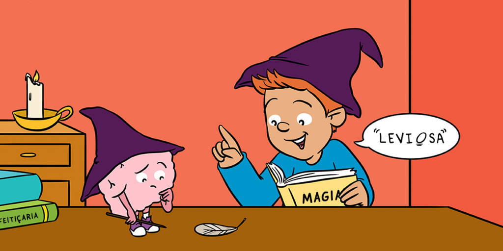 Ilustração de um menino vestindo um chapéu de mágico pronunciando a palavra mágica 