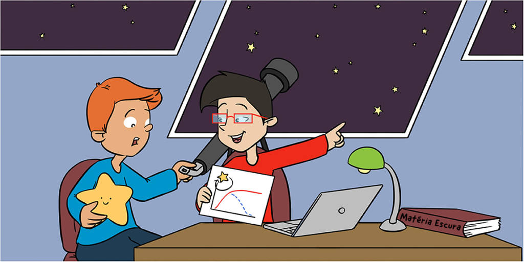 Ilustração de duas pessoas em uma mesa com um laptop estudando as estrelas com o auxílio de um telescópio