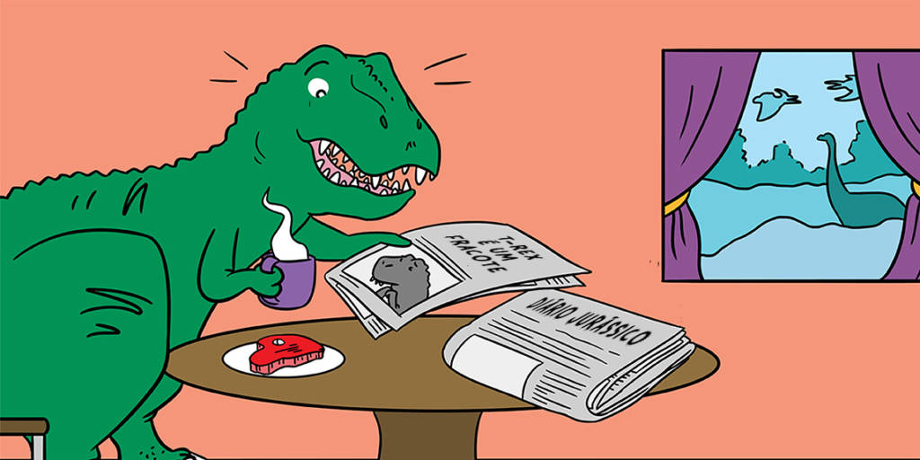 Ilustração de um Tyrannosaurus rex sentado à mesa lendo um jornal e tomando café. A manchete do jornal é: 