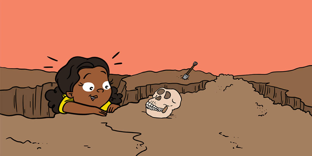 Ilustração de uma mulher olhando para um crânio em um sítio arqueológico