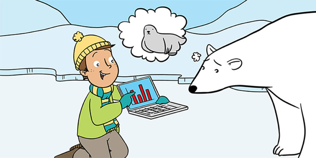 ilustração de um homem ao lado de um urso polar segurando um laptop
