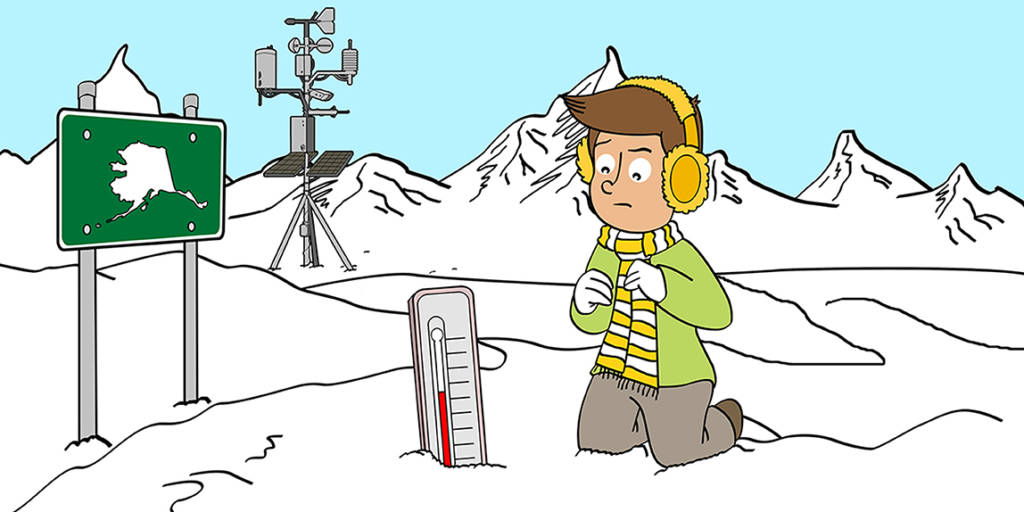 Ilustração de um homem ajoelhado na neve observando um termômetro