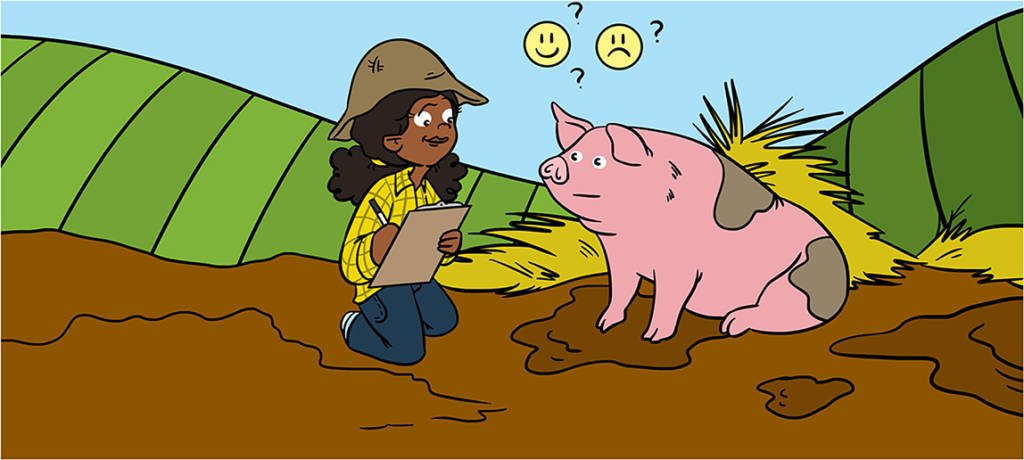 Ilustração de uma mulher ajoelhada ao lado de um porco
