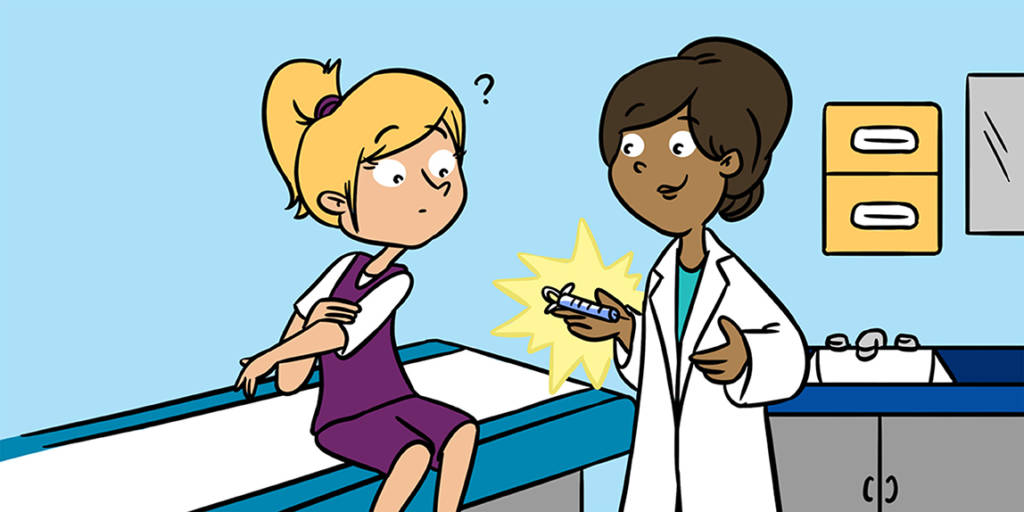 Um desenho animado de uma médica conversando com uma paciente