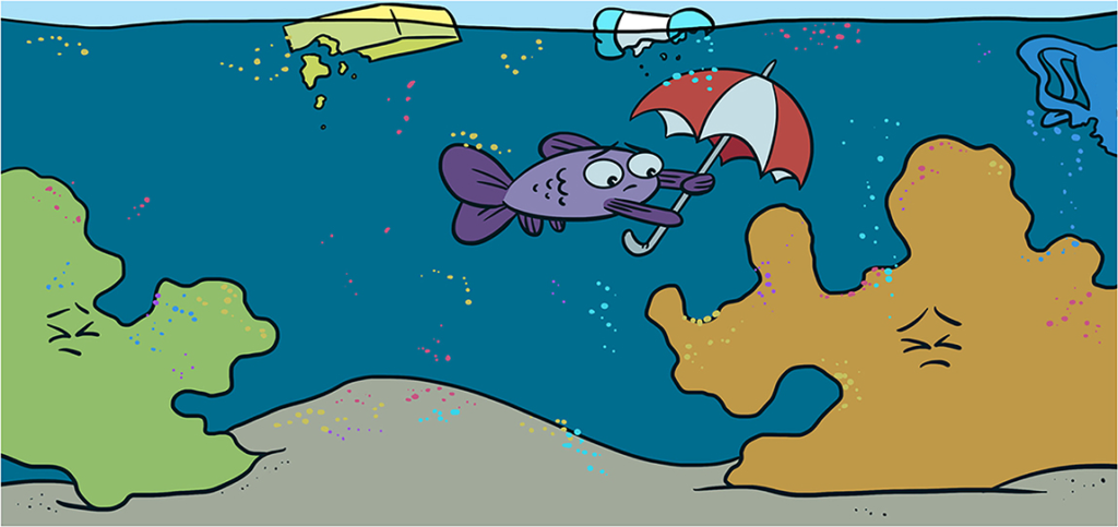 Ilustração de um peixe animado segurando um guarda-chuva para proteger os corais dos microplásticos