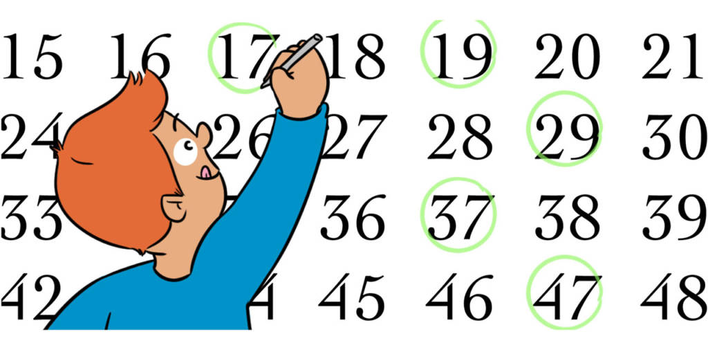 Ilustração de um homem circulando os números primos em uma tabela de números