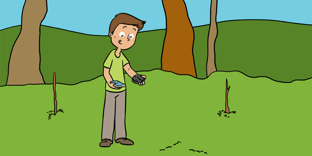 Ilustração de um menino segurando o celular em uma mão e uma bússola na outra