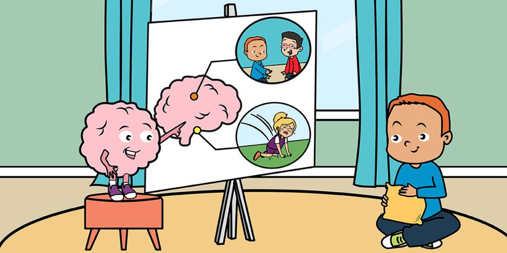 Ilustração de um cérebro explicando para uma criança sobre as interações entre ouras crianças