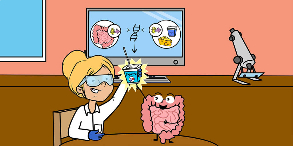 Ilustração de uma mulher em um casaco de laboratório, óculos e segurando um pote de iogurte está olhando entusiasmada para um intestino, que também está empolgado
