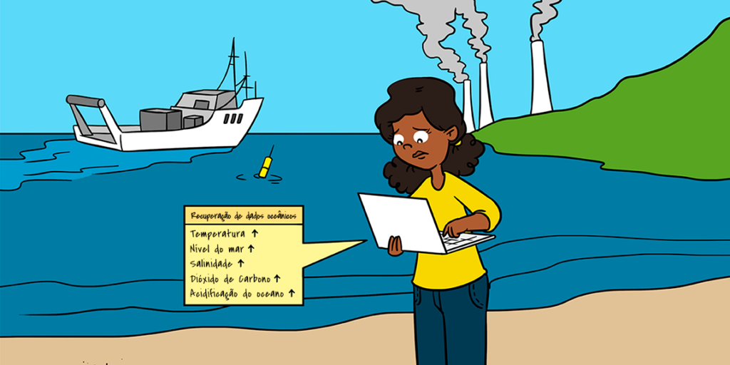 Uma mulher em pé em uma praia segurando um notebook. Ao fundo um navio no mar e três chaminés de uma fábrica soltando fumaça
