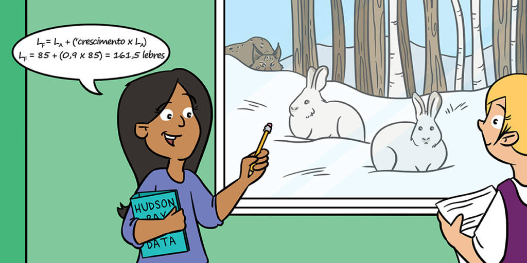 Ilustração de uma professora explicando para uma aluna a relação presa-predador entre coelhos e linces