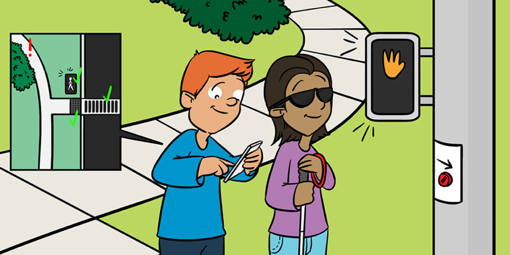 Ilustração de homem e uma mulher. O homem olha para o celular e a mulher com deficiência visual escuta o som do semáforo sonoro