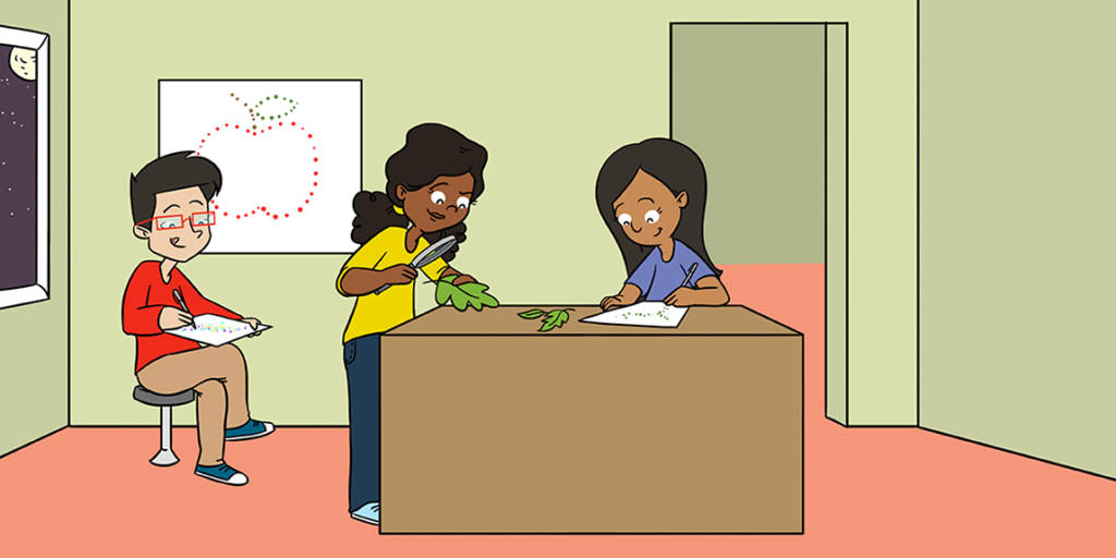 Ilustração de duas mulheres em pé ao redor de uma mesa em uma sala observando folhas. Do lado esquerdo um menino está sentado em um banco analisando uma folha de papel com uma lupa.