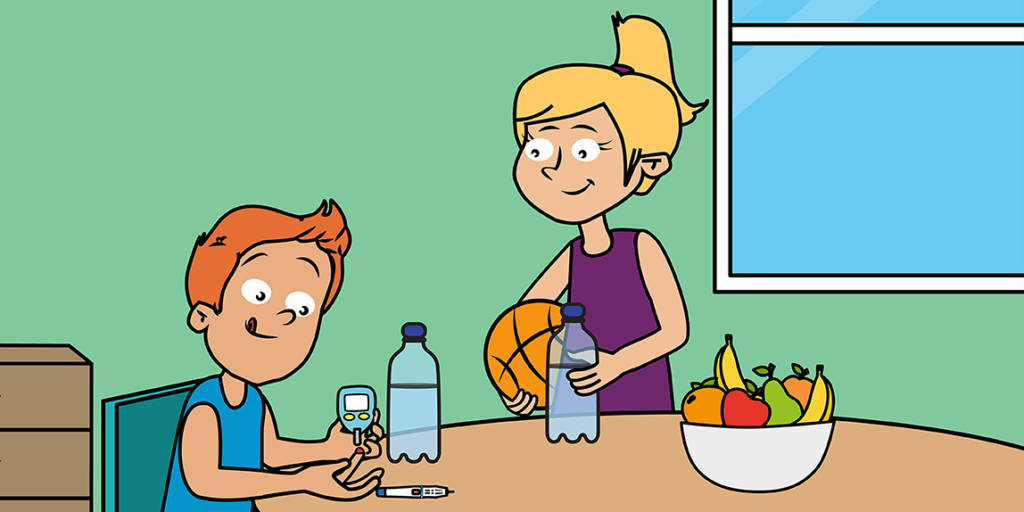 Ilustração de um menino sentado à mesa utilizando um sensor de glicose. Ao seu lado, uma mulher segura uma garrafa de água e uma bola de basquete