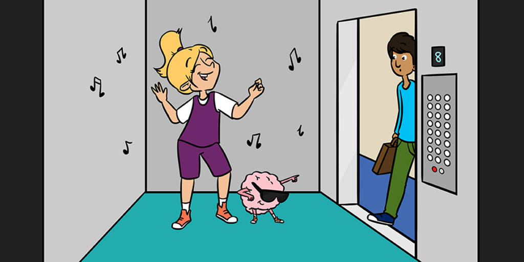 Ilustração de uma mulher e um cérebro dançando em um elevador