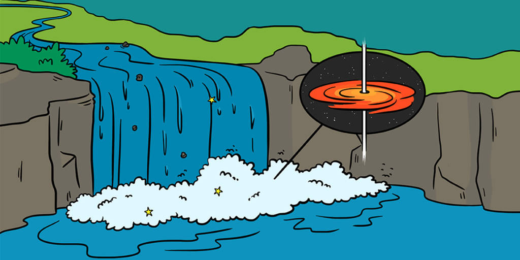 Ilustração de uma cachoeira e de um buraco negro