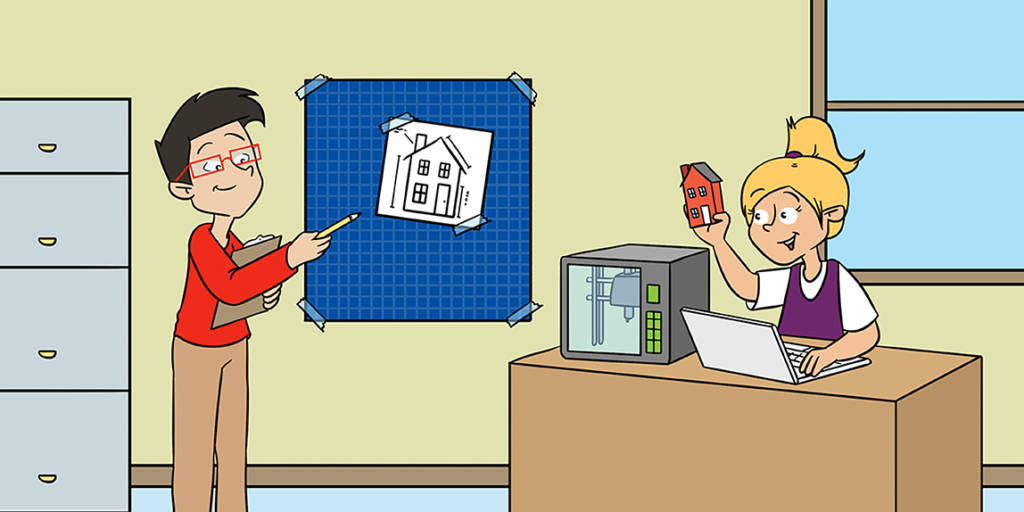 Ilustração de um homem e uma mulher olhando para um desenho técnico de uma casa em miniatura. Ao lado da menina, um computador e uma impressora 3D. Na mão da menina, a casa em miniatura impressa em 3D