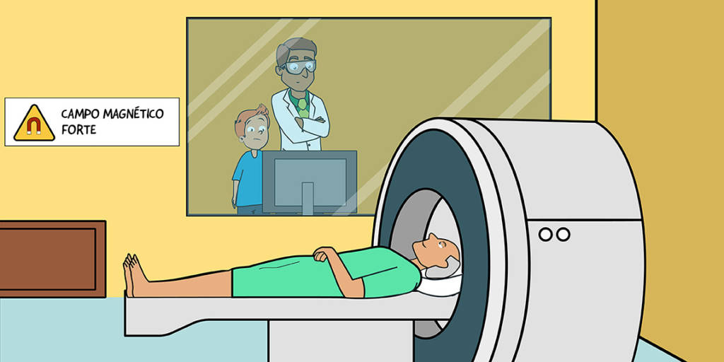 Um desenho animado de um homem deitado em uma máquina de ressonância magnética