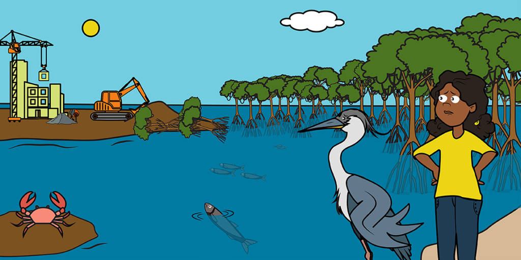 Uma mulher parada ao lado de um pássaro perto de um corpo de água. Ao fundo é possível ver uma construção e tratores retirando árvores próximas às margens da lagoa