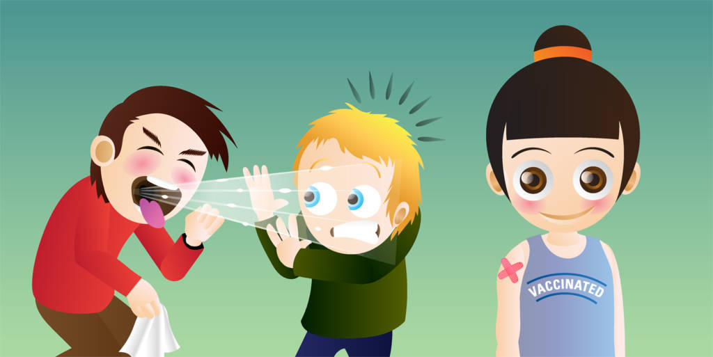 Ilustração de três crianças. À esquerda, um menino tosse e espirra perdigotos na cara do outro. À direita, uma menina com uma camiseta escrita 