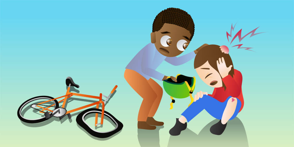 Ilustração de dois meninos e uma bicicleta. Um dos meninos caiu da bicicleta e o outro está ajudando. O menino que caiu tem um galo na cabeça e o joelho ralado