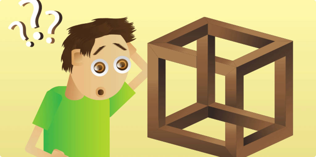 Ilustração de um homem olhando para um cubo cujos vértices parecem passar por dentro do próprio cubo, criando uma ilusão de óptica. O homem parece confuso