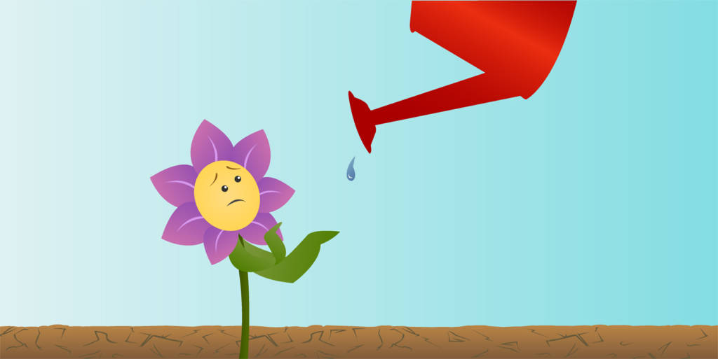 Ilustração de uma flor roxa com um rosto triste recebendo uma gota solitária de água através de um regador vermelho
