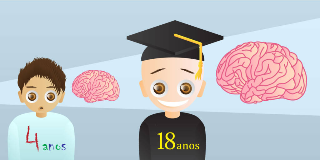 Ilustração comparando o tamanho do cérebro de um menino de quatro anos que ainda não frequentou a escola e de um menino de 18 anos que já se formou no colégio