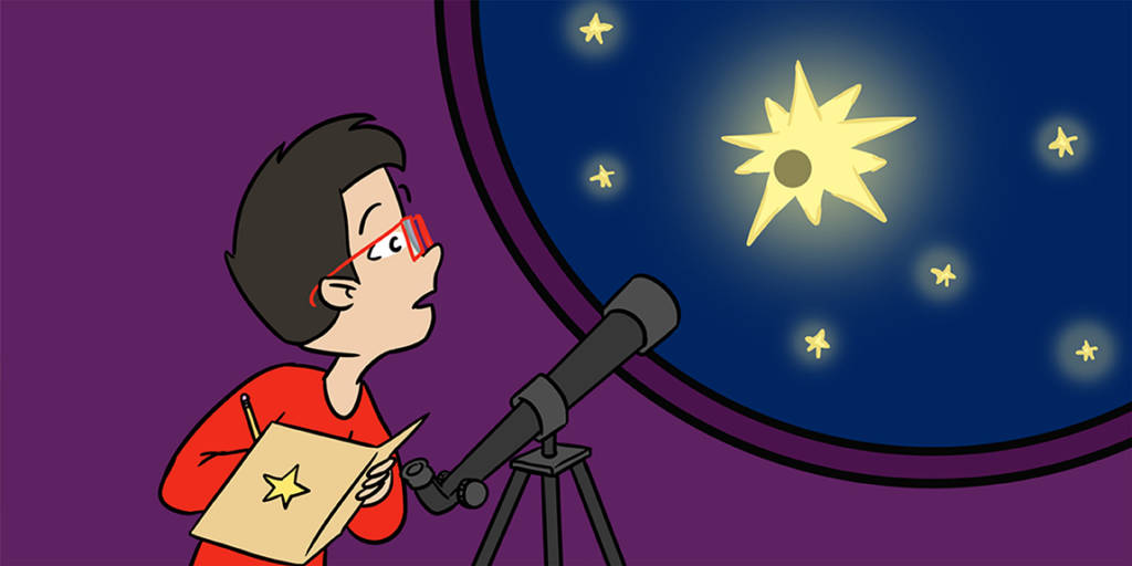 Um garoto olhando para as estrelas através de um telescópio