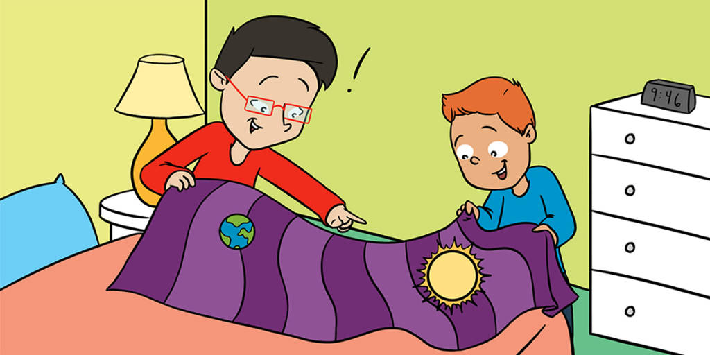 Desenho de um menino e um homem segurando um cobertor. Em cima do cobertor está a miniatura da Terra e do Sol.