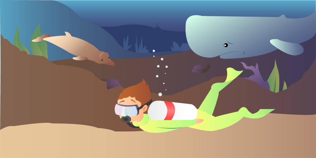 Desenho de uma pessoa mergulhando no oceano ao lado de uma baleia e um golfinho que aparentam estar tristes.