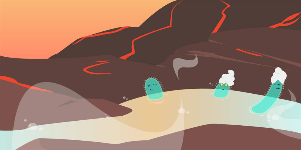 Ilustração de bactérias se banhando em águas vulcânicas.