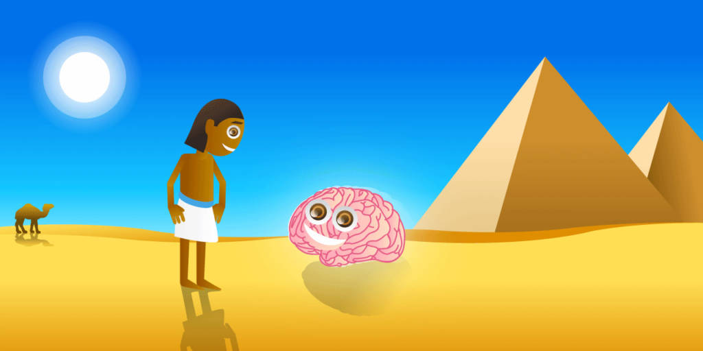 Ilustração de um homem de pé no deserto com um cérebro na frente dele