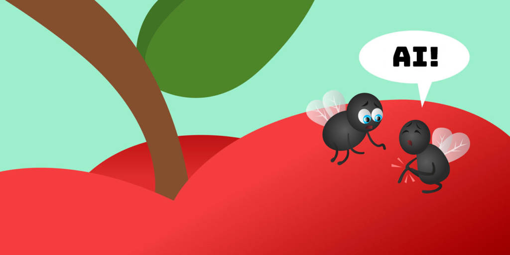 Desenho de duas moscas sentadas em cima de uma maçã. Uma delas está machucada e está dizendo 