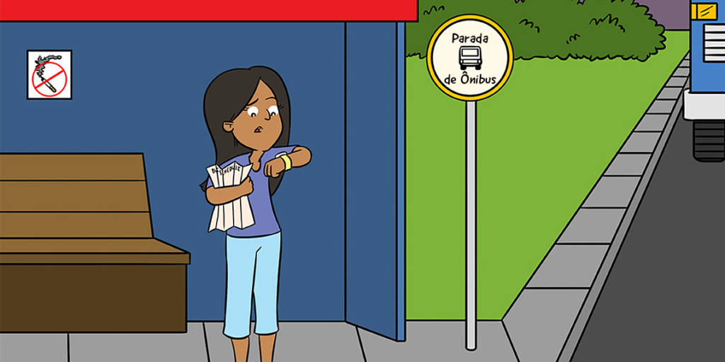 Ilustração de uma mulher no ponto de ônibus, ela olha para seu relógio com uma expressão ansiosa enquanto o ônibus se aproxima.
