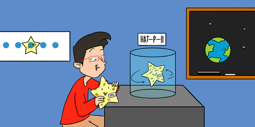 Ilustração de um homem com uma estrela na mão, em sua frente há um recipiente de vidro com outra estrela dentro girando em torno de seu eixo. 