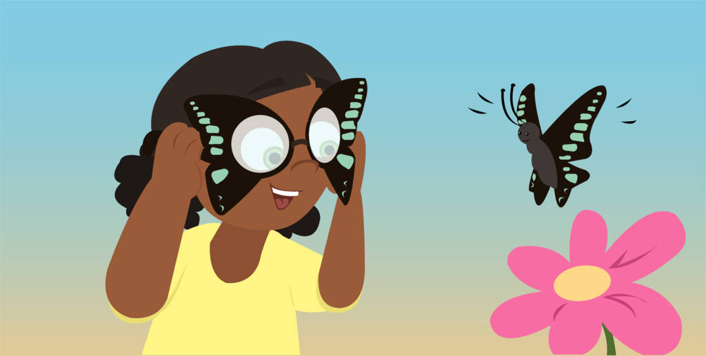 Ilustração de uma menina com um óculos de borboleta com padrões nas asas iguais aos da borboleta na sua frente, ela esta olhando para uma flor. 