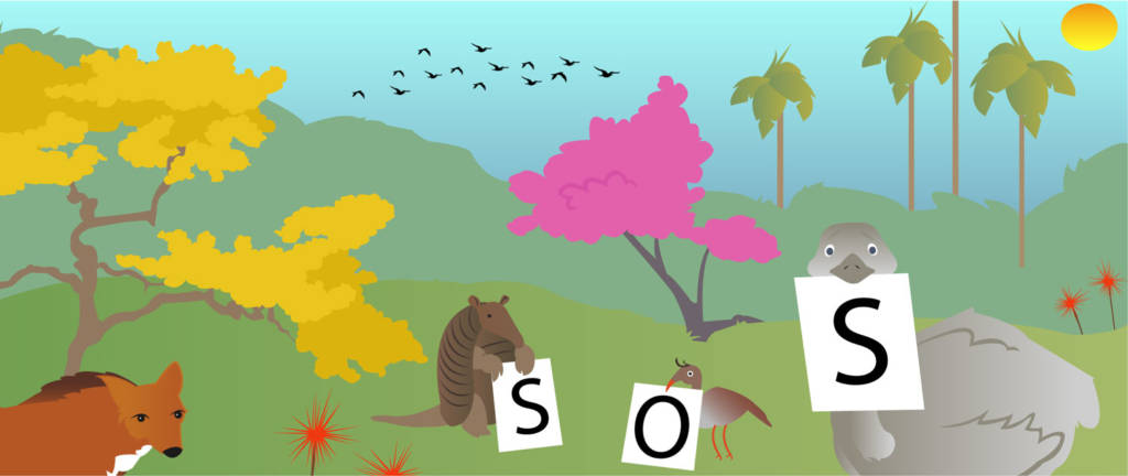 Ilustração de vários animais no Cerrado segurando placas de SOS.