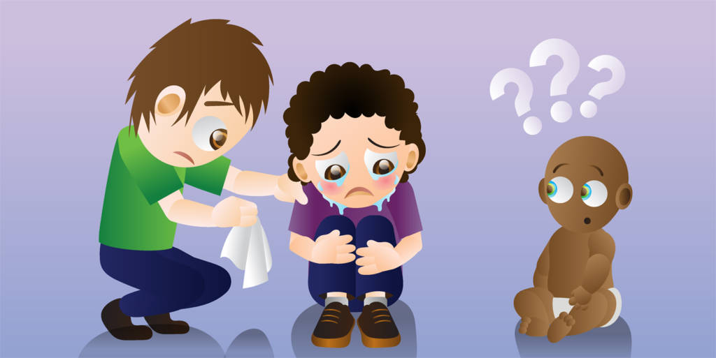Ilustração de uma pessoa agachada chorando enquanto outra, ao seu lado a entrega um lencinho. Ao lado delas um bebê observa curioso.