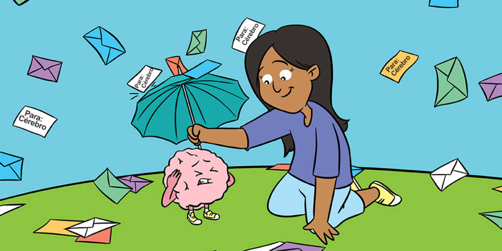Ilustração de uma mulher agachada segurando um guarda chuva pequeno para proteger o cérebro a sua frente de uma chuva de cartas.