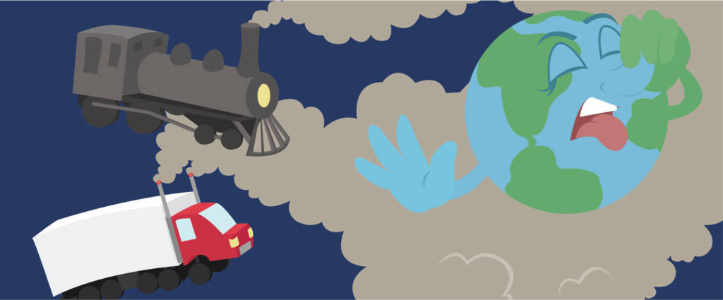 Ilustração do planeta terra tossindo em maio a uma nuvem de fumaça da queima de combustível vinda de um caminhão e um trem. 