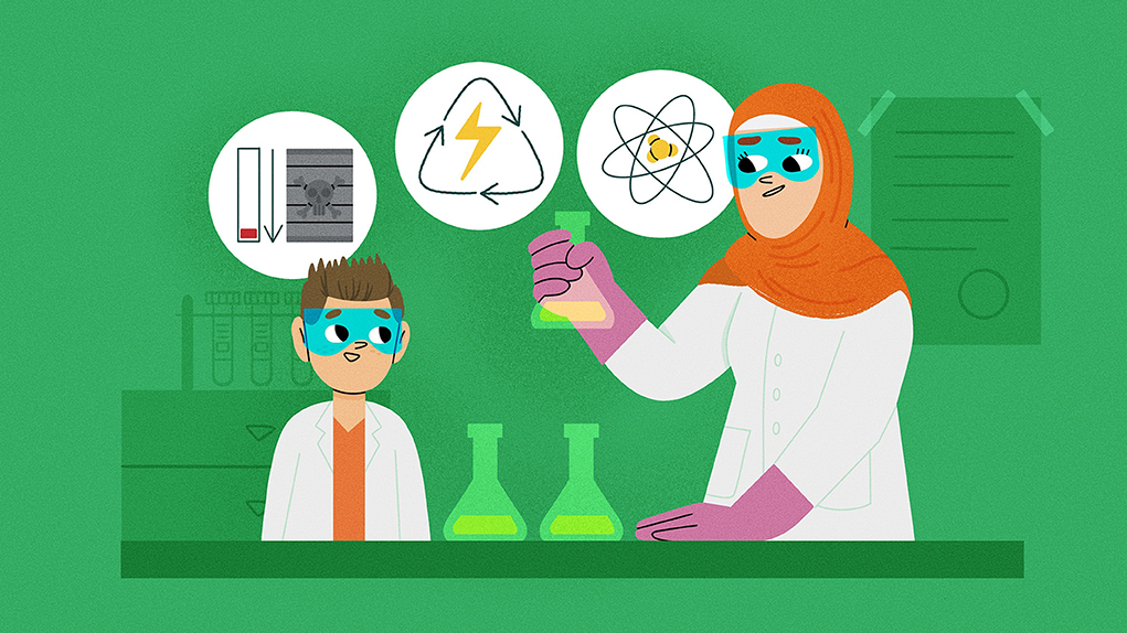 Ilustração de uma mulher e um garoto em um laboratório químico, ambos estão de jaleco e óculos de proteção. A mulher usa luvas e segura um frasco com uma substância.