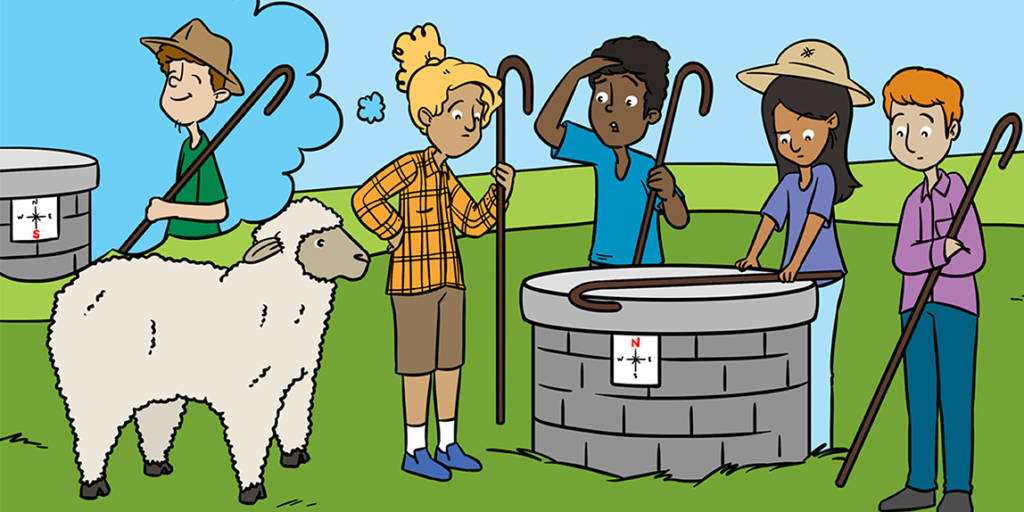 Ilustração de quatro pastores de ovelhas diante de um poço fechado. Uma das pastoras pensa se deveria ter ido para o outro poço onde está o quinto pastor. 