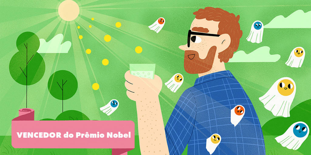 Ilustração de um homem segurando uma bebida e tomando sol, em volta dele, flutuam varias partículas vestidas de fantasma. 