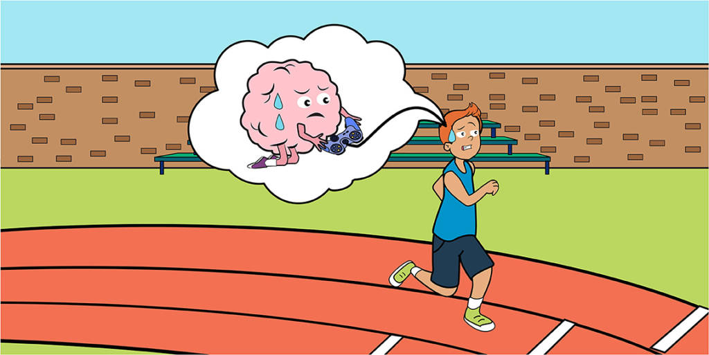 Ilustração de um homem correndo em uma pista de corrida, um balão de pensamento revela seu cérebro o guiando através de um controle de videogame.