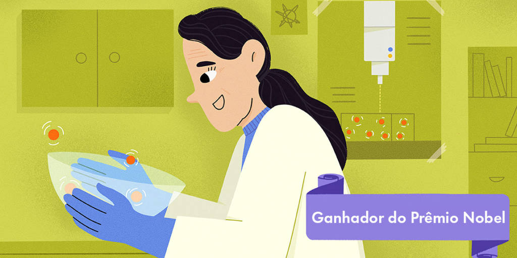 Ilustração de uma cientista em um laboratório manuseando um recipiente com partículas laranjas.