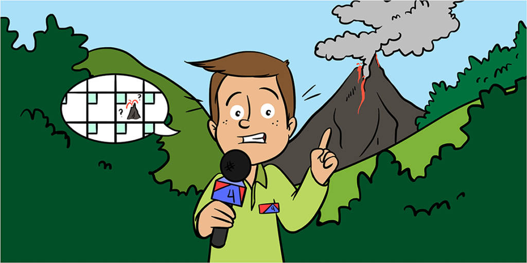 Ilustração de um repórter diante de um vulcão, exibindo uma expressão tensa, enquanto um calendário revela a previsão para a iminente erupção do vulcão.